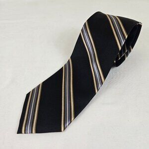 Jos A Bank 100% Silk Men's Tie Black Silver Gold Diagonal Stripes Office Gifts